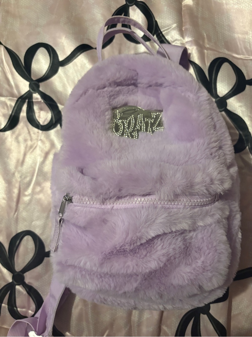 Lilac Faux Fur Backpack with Rhinestone Logo